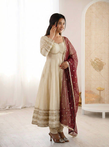 Exclusive Gold Cosmos Fabric with Heavy Lace Work Gown