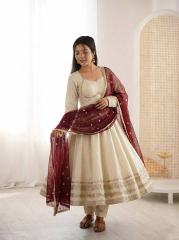 Exclusive Gold Cosmos Fabric with Heavy Lace Work Gown