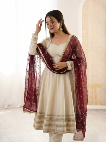 Exclusive Gold Cosmos Fabric with Heavy Lace Work Gown
