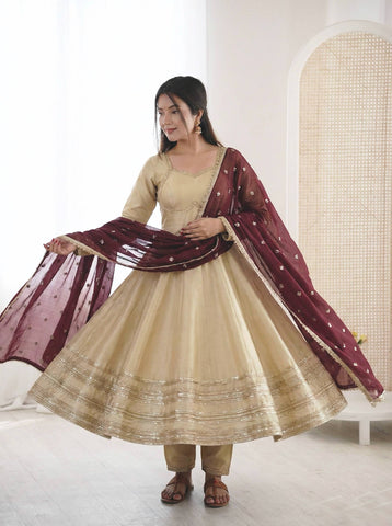 Exclusive Gold Cosmos Fabric with Heavy Lace Work Gown