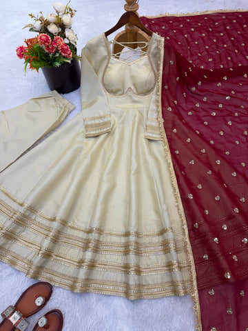 Exclusive Gold Cosmos Fabric with Heavy Lace Work Gown