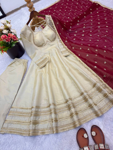 Exclusive Gold Cosmos Fabric with Heavy Lace Work Gown