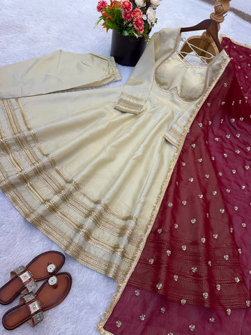 Exclusive Gold Cosmos Fabric with Heavy Lace Work Gown