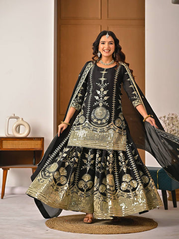 Stunning Black Heavy Vichitra Silk Embroidery Sharara Suit