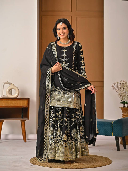 Stunning Black Heavy Vichitra Silk Embroidery Sharara Suit