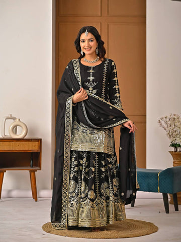 Stunning Black Heavy Vichitra Silk Embroidery Sharara Suit