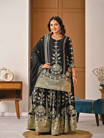 Stunning Black Heavy Vichitra Silk Embroidery Sharara Suit
