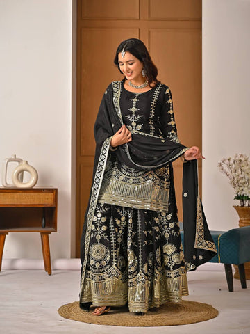 Stunning Black Heavy Vichitra Silk Embroidery Sharara Suit