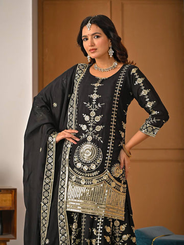 Stunning Black Heavy Vichitra Silk Embroidery Sharara Suit