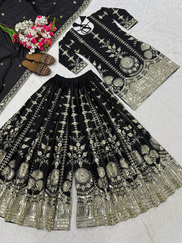 Stunning Black Heavy Vichitra Silk Embroidery Sharara Suit