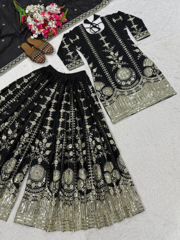 Stunning Black Heavy Vichitra Silk Embroidery Sharara Suit