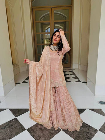 Exclusive Peach Heavy Simar Silk Embroidery Sharara Suit