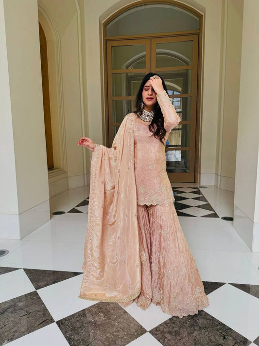 Exclusive Peach Heavy Simar Silk Embroidery Sharara Suit