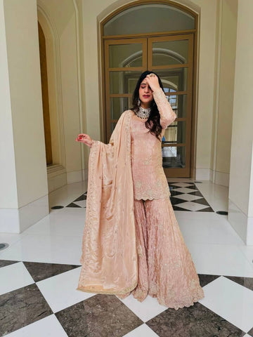 Exclusive Peach Heavy Simar Silk Embroidery Sharara Suit