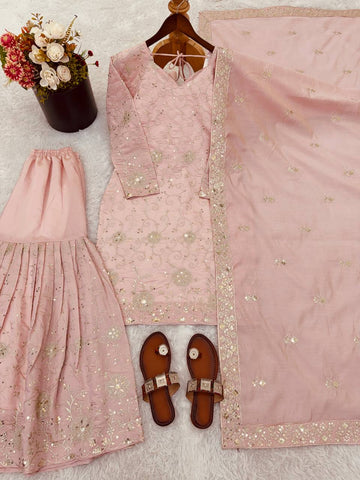 Exclusive Peach Heavy Simar Silk Embroidery Sharara Suit