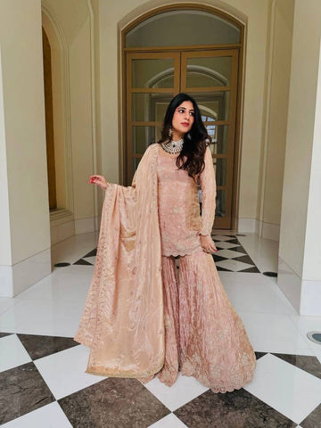 Exclusive Peach Heavy Simar Silk Embroidery Sharara Suit