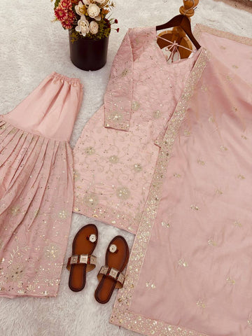Exclusive Peach Heavy Simar Silk Embroidery Sharara Suit