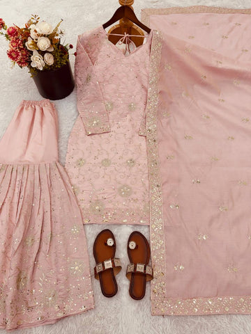 Exclusive Peach Heavy Simar Silk Embroidery Sharara Suit