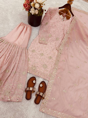 Exclusive Peach Heavy Simar Silk Embroidery Sharara Suit