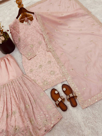 Exclusive Peach Heavy Simar Silk Embroidery Sharara Suit