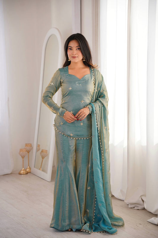 Elegant Blue Fendy Silk with Embroidery Sequence Work Sharara Suit