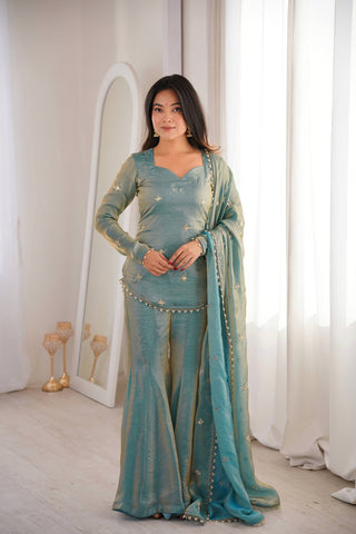 Elegant Blue Fendy Silk with Embroidery Sequence Work Sharara Suit