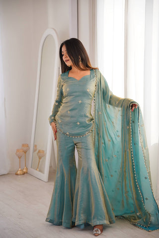 Elegant Blue Fendy Silk with Embroidery Sequence Work Sharara Suit