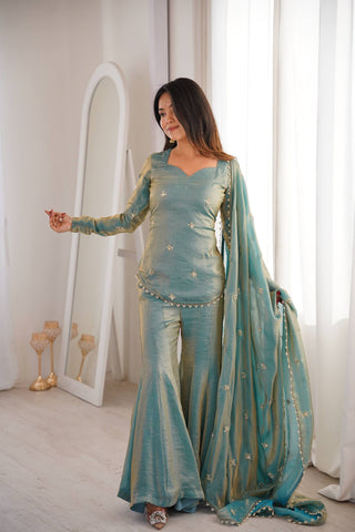 Elegant Blue Fendy Silk with Embroidery Sequence Work Sharara Suit