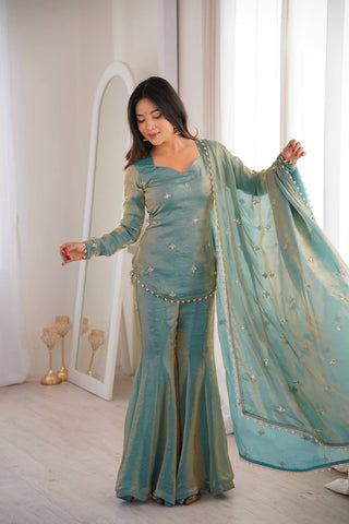 Elegant Blue Fendy Silk with Embroidery Sequence Work Sharara Suit