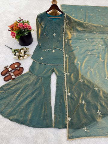 Elegant Blue Fendy Silk with Embroidery Sequence Work Sharara Suit