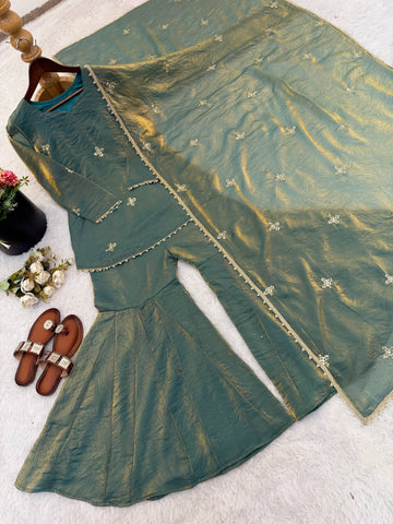 Elegant Blue Fendy Silk with Embroidery Sequence Work Sharara Suit