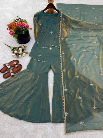 Elegant Blue Fendy Silk with Embroidery Sequence Work Sharara Suit