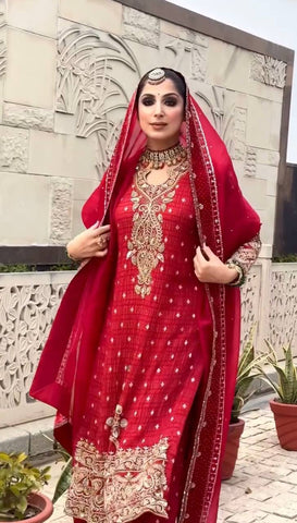 Amazing Red Crunchy Silk with Sequence Work Sharara Suit