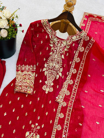 Amazing Red Crunchy Silk with Sequence Work Sharara Suit