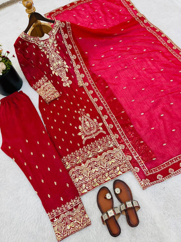 Amazing Red Crunchy Silk with Sequence Work Sharara Suit