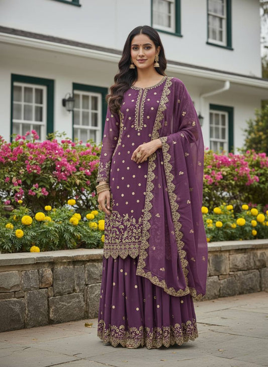 Fabulous White Faux Georgette Embroidery Sharara Suit