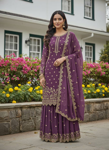 Fabulous White Faux Georgette Embroidery Sharara Suit