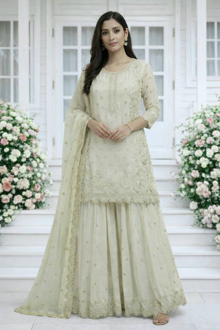 Fabulous White Faux Georgette Embroidery Sharara Suit