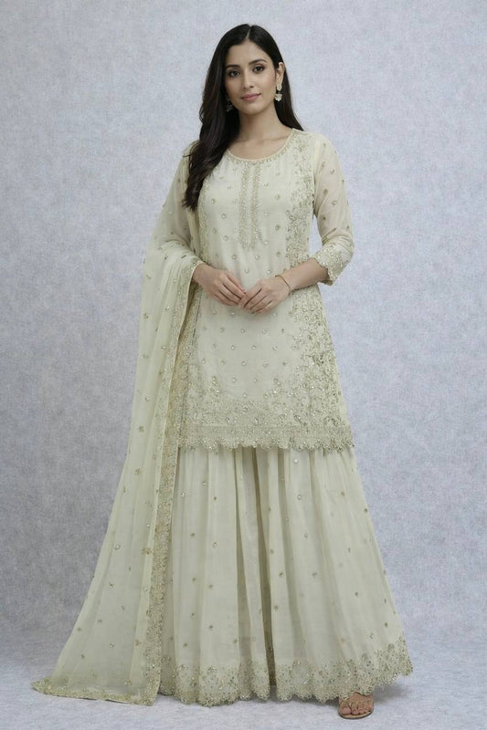 Fabulous White Faux Georgette Embroidery Sharara Suit