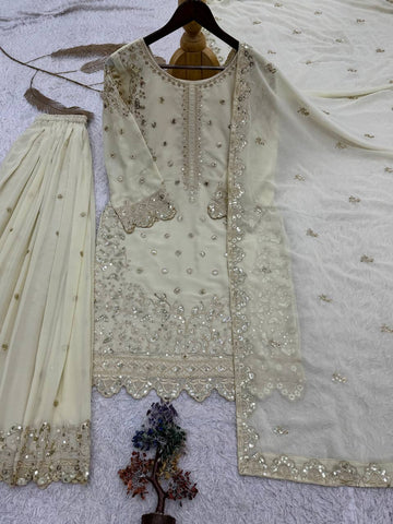 Fabulous White Faux Georgette Embroidery Sharara Suit