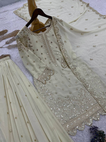 Fabulous White Faux Georgette Embroidery Sharara Suit
