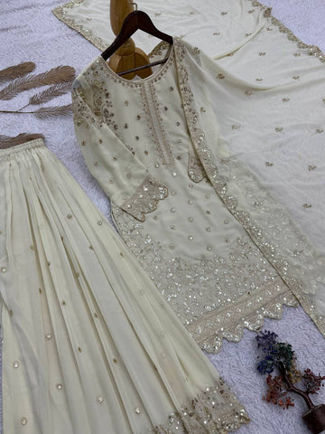 Fabulous White Faux Georgette Embroidery Sharara Suit