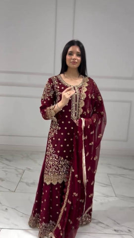 Fabulous White Faux Georgette Embroidery Sharara Suit