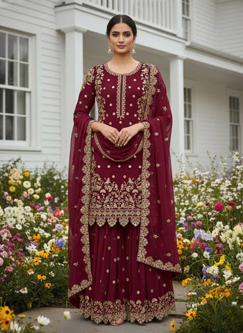 Fabulous White Faux Georgette Embroidery Sharara Suit