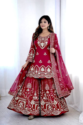 Exclusive White Fox Georgette Embroidery Work Sharara Suit