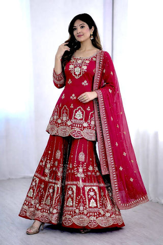 Exclusive White Fox Georgette Embroidery Work Sharara Suit