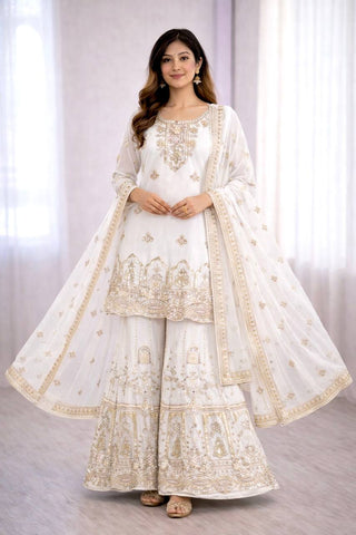 Exclusive White Fox Georgette Embroidery Work Sharara Suit