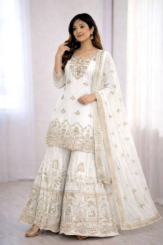 Exclusive White Fox Georgette Embroidery Work Sharara Suit