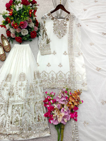 Exclusive White Fox Georgette Embroidery Work Sharara Suit
