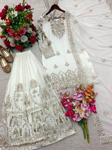 Exclusive White Fox Georgette Embroidery Work Sharara Suit
